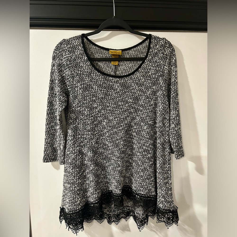 Vintage USA Wrangler Black White Marled Knit Lace Trim Tunic Top Medium